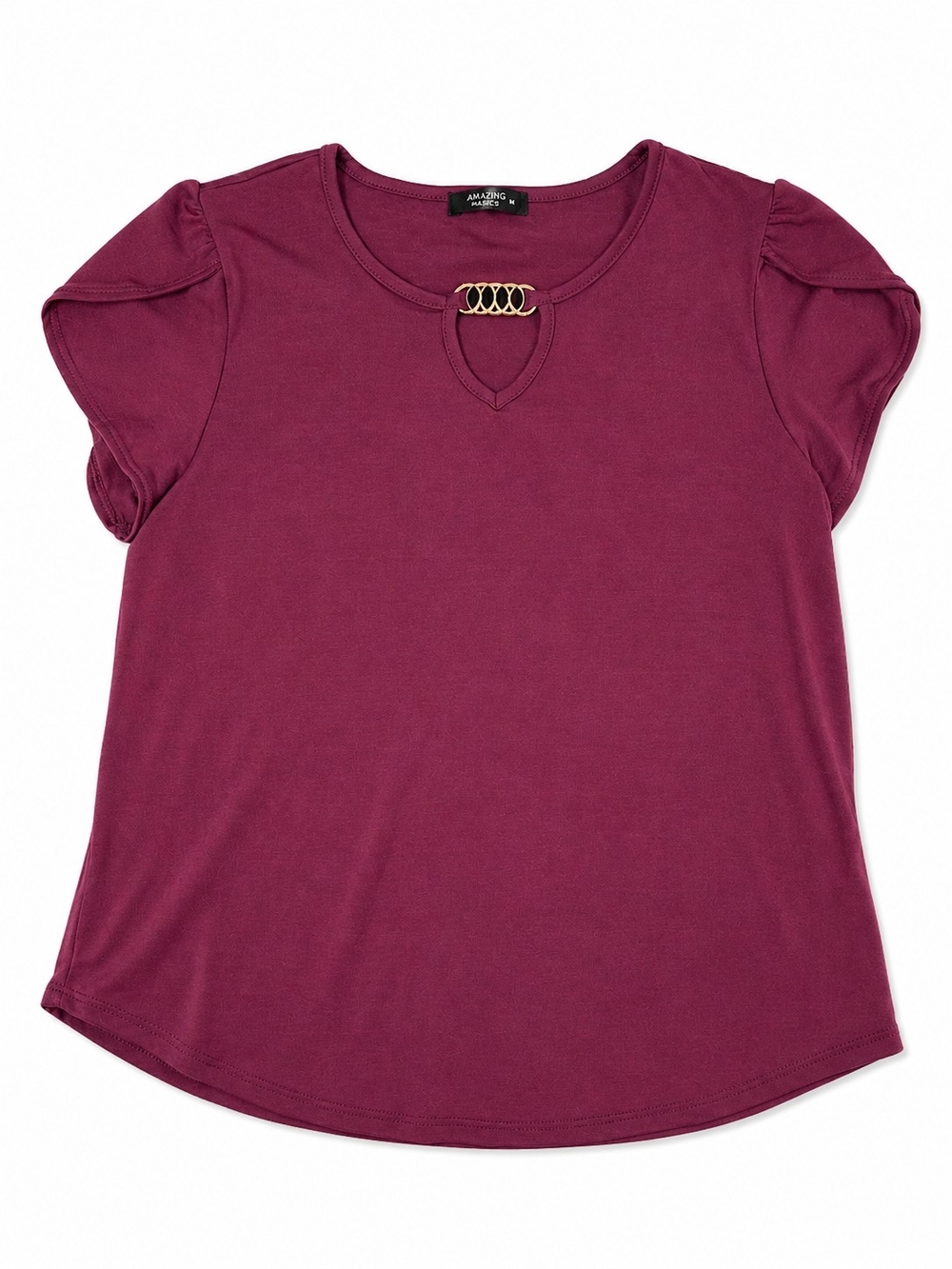 Ava James Plum Short Sleeve Top with Ring Detail, Size Petite Small